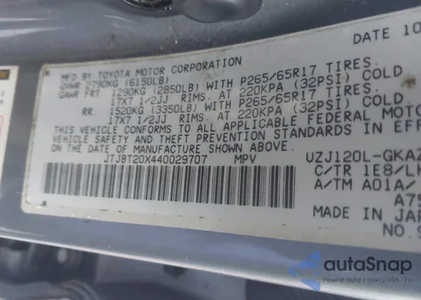 2004 Lexus Gx 470 z USA, uszkodzony, nr VIN JTJBT20X440029707